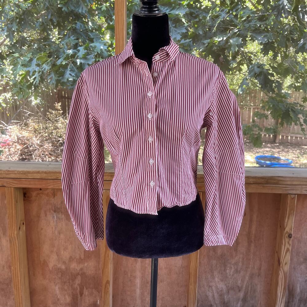 Gap Women's Organic Cotton Poplin Barrel Sleeve Crop Shirt Red Stripe Size XSP
